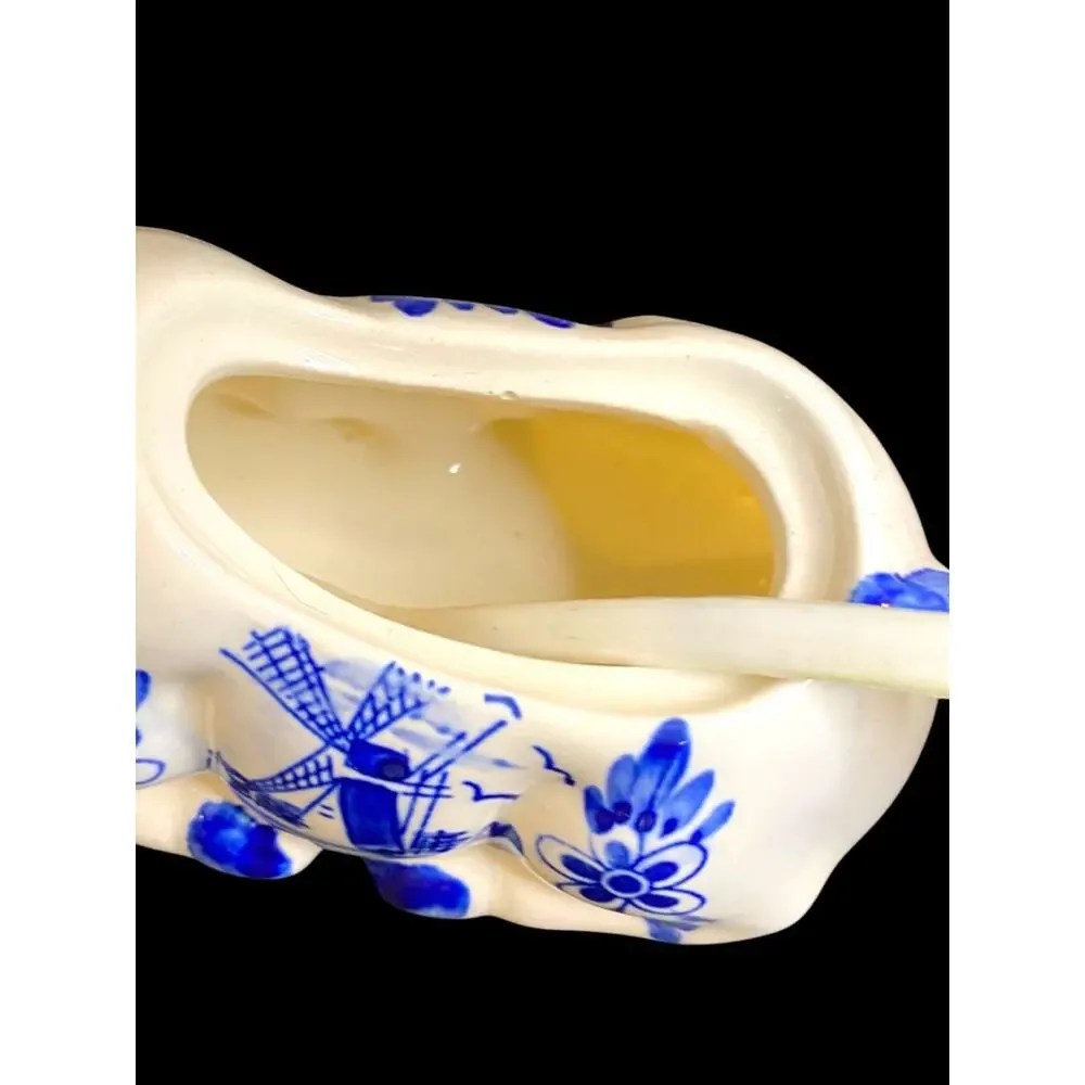 Vintage Delft Style Figural Cow Creamer and Sugar Set Windmill Design